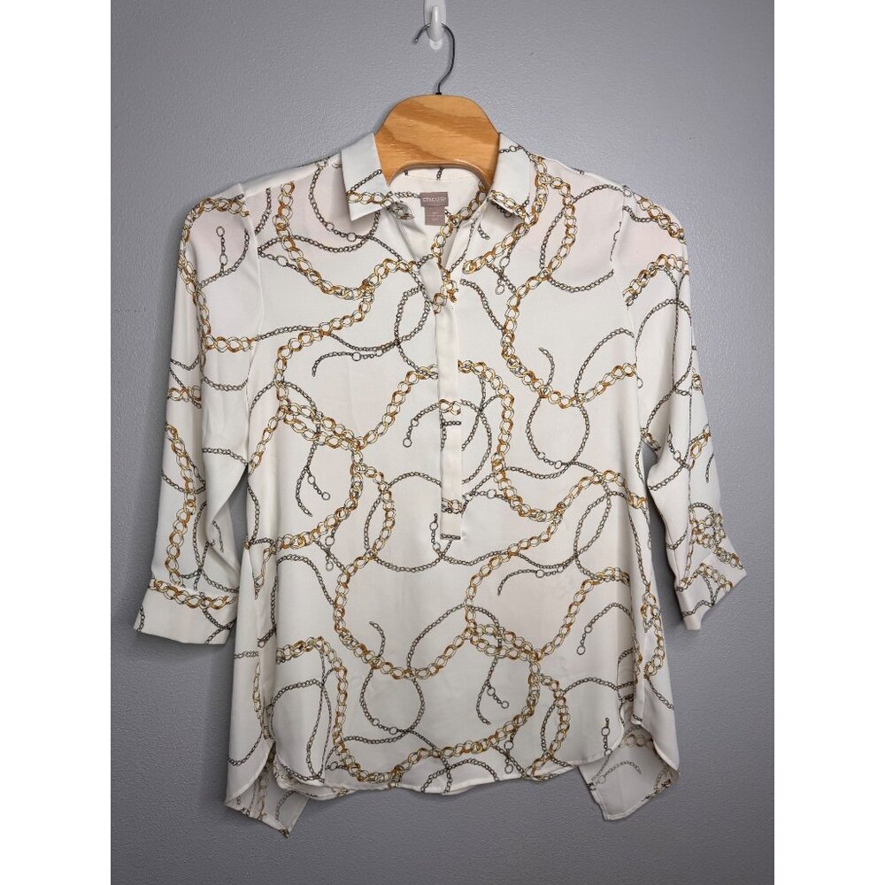 Chico’s Silver&Gold Chain Print Blouse Back Chain Detail 3/4 Sleeve SZ 3